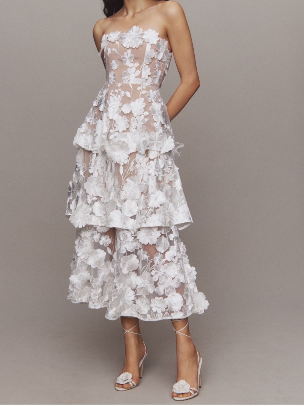 Elliatt Selene Strapless 3D Floral Lace Tiered Maxi Dress